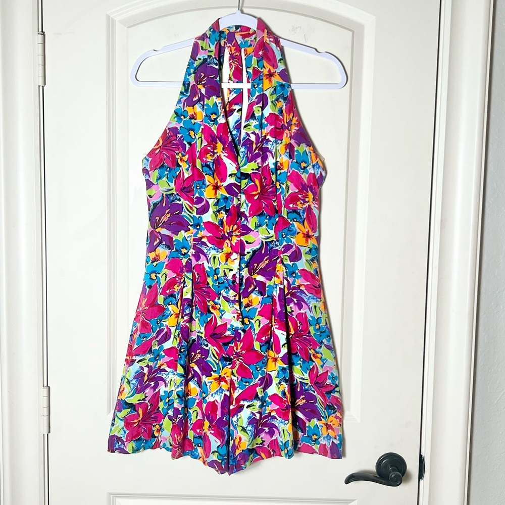 Vintage 90s Halter Romper Floral Multi Color Rayon Playsuit VIA MAX
